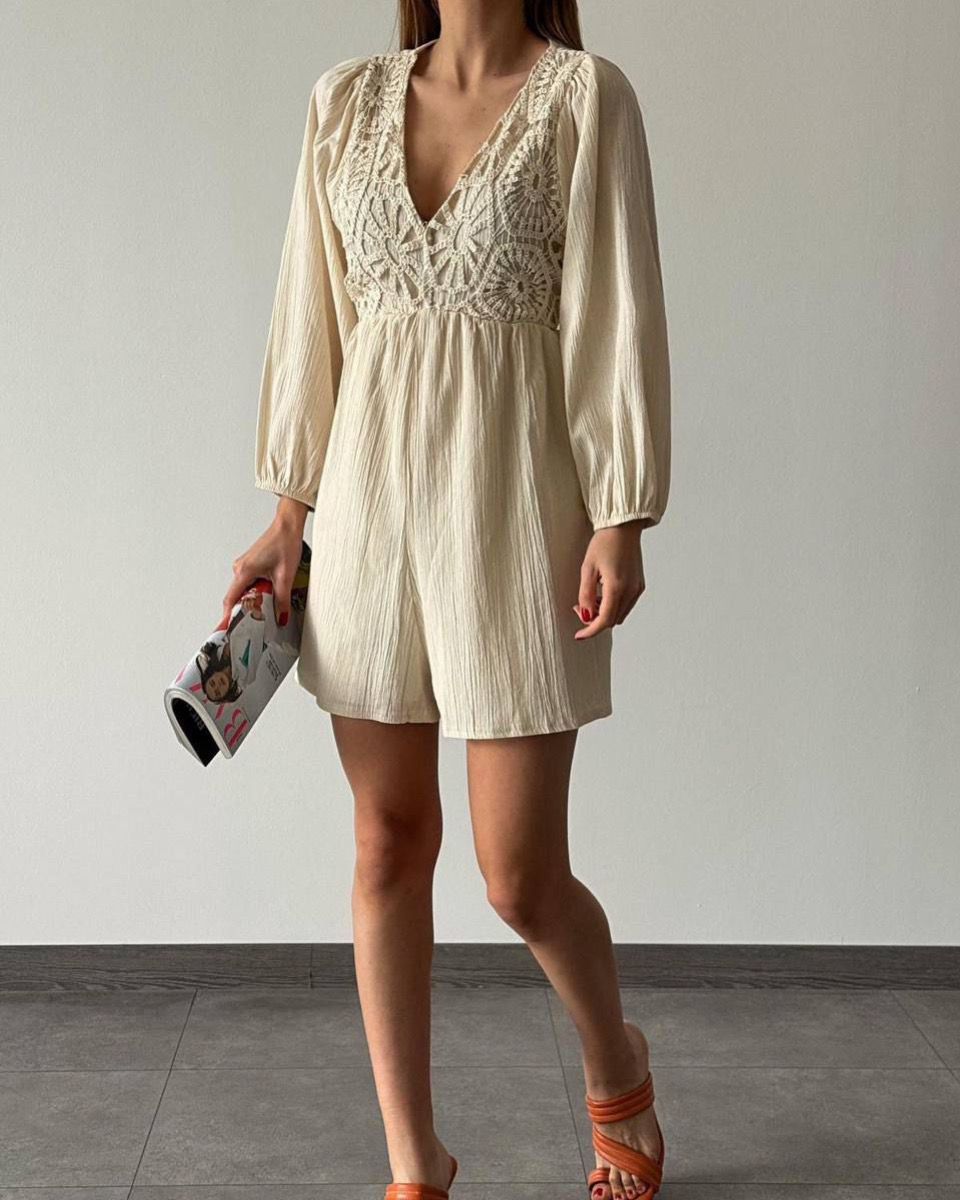 Broderie V-Neck Long Sleeve Jumpsuit