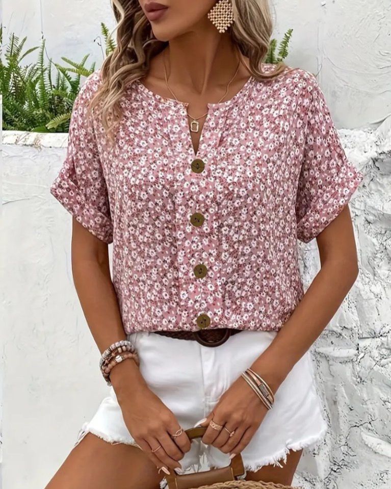 Floral Short-Sleeve Top With Buttons