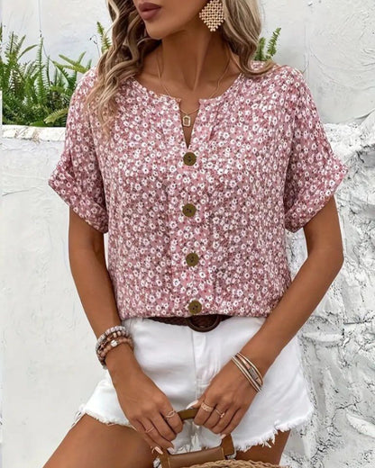 Floral Short-Sleeve Top With Buttons
