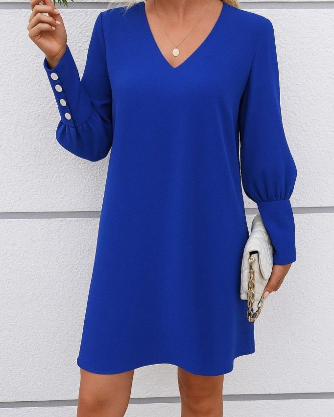 Simple V-Neck Long Sleeve Wide Dress With Buttons