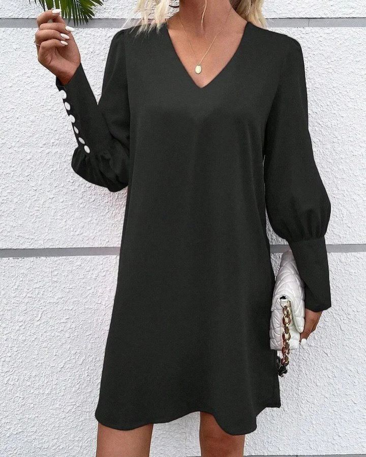 Simple V-Neck Long Sleeve Wide Dress With Buttons
