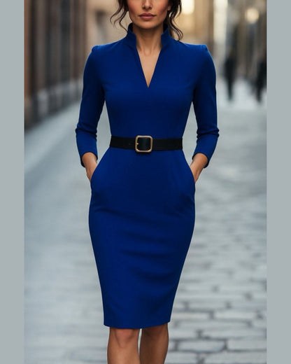 Simple V-Neck Dress With Belt