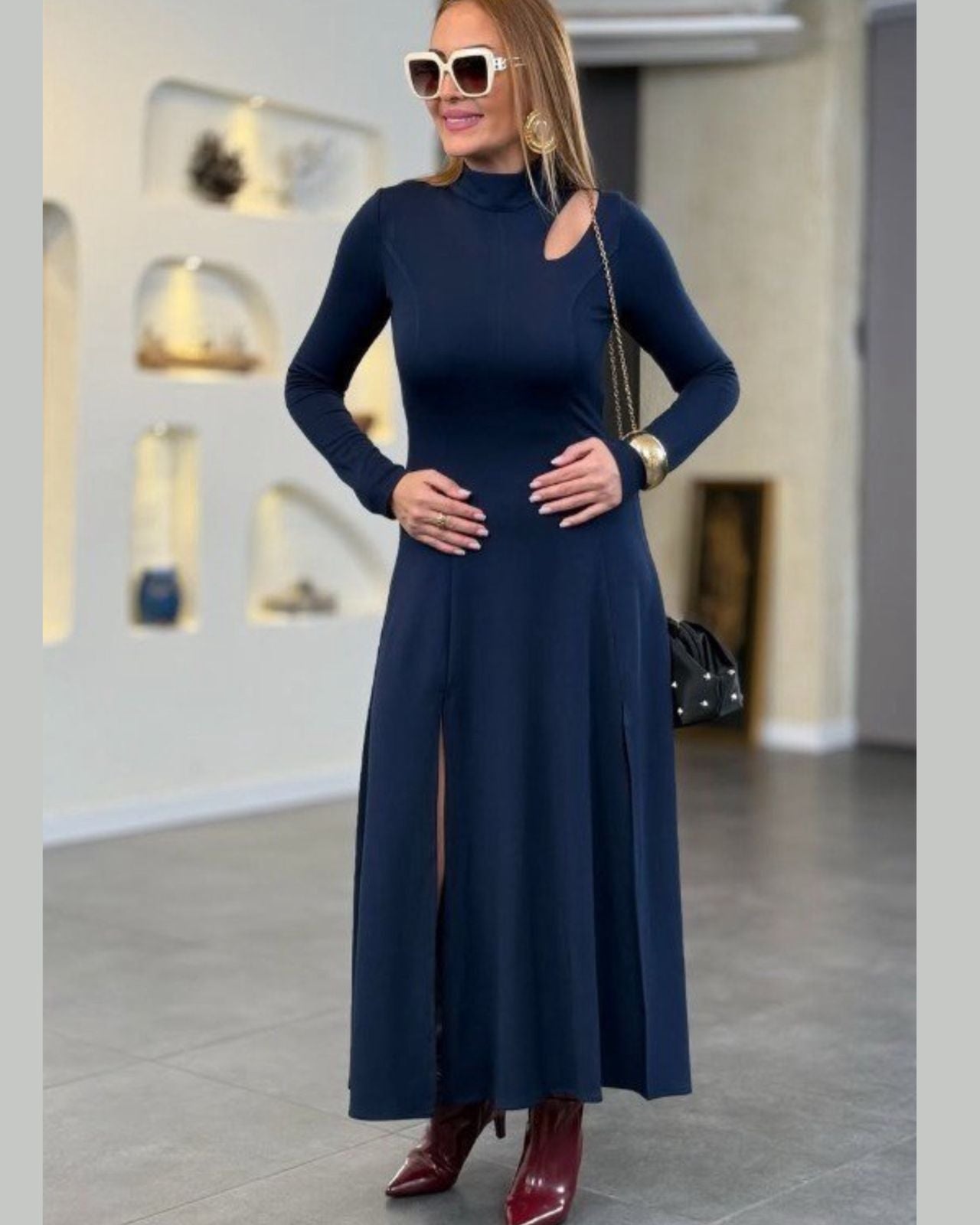 Cotton Long Sleeve long Dress With Two Slits