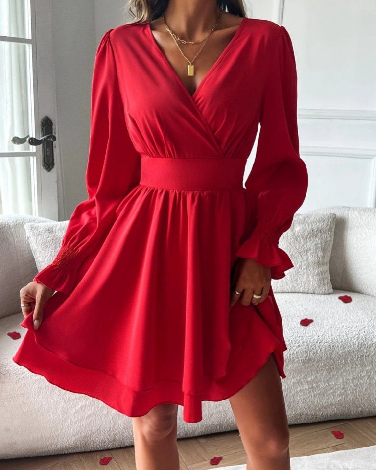 Wide V-Neck Short Long Sleeve Dress