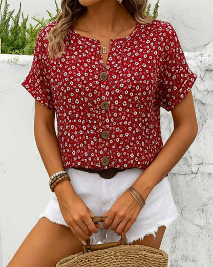 Floral Short-Sleeve Top With Buttons