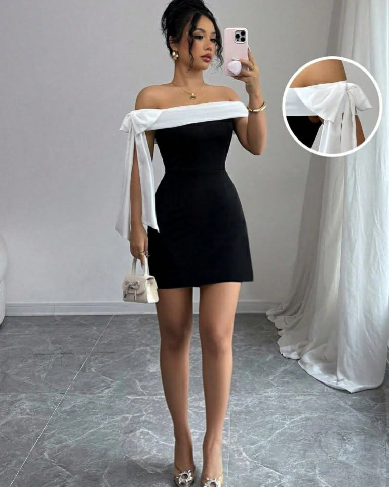 OF Shoulder Short Dress With Colored Tie