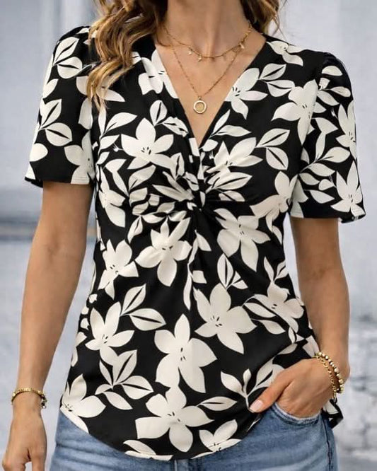 Floral V-Neck Short Sleeve Top