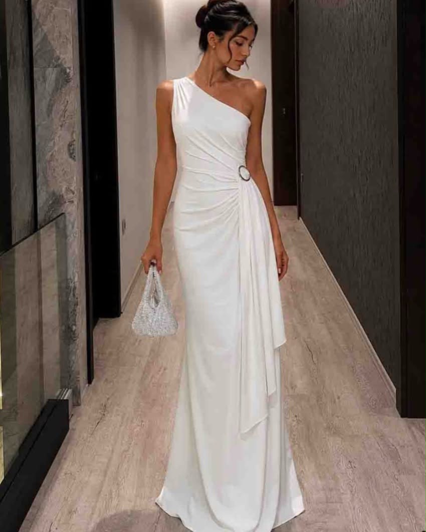 Ruched Maxi Dress With A Decorative Buckle