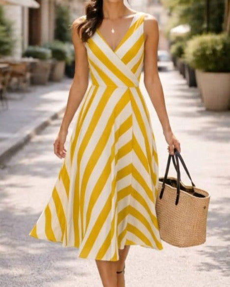 Stripped Cut Two Colors V-Neck Dress