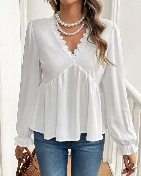 V-Neck Wide Long Sleeve Top With Laces