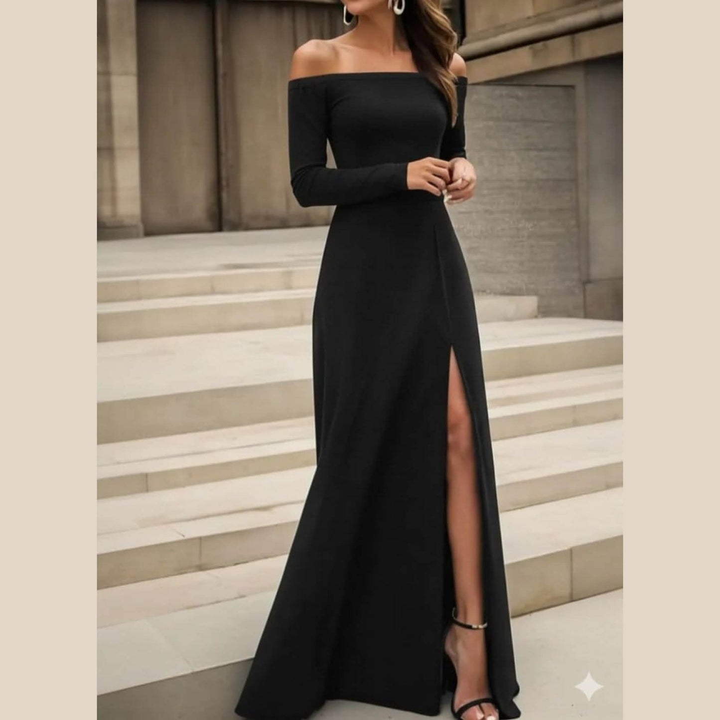 OF Shoulder Long Sleeve Long Dress With Slit