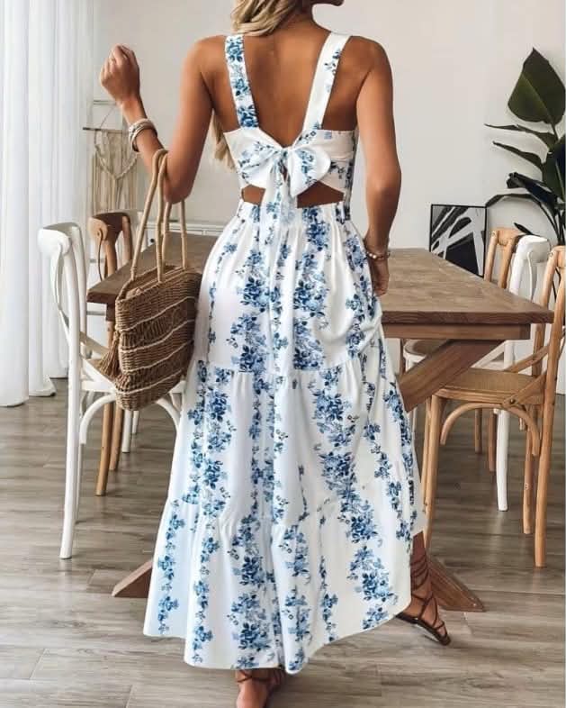 Summery Floral Maxi Dress Featuring A Chic Back Cutout With A Tie Bow Detail