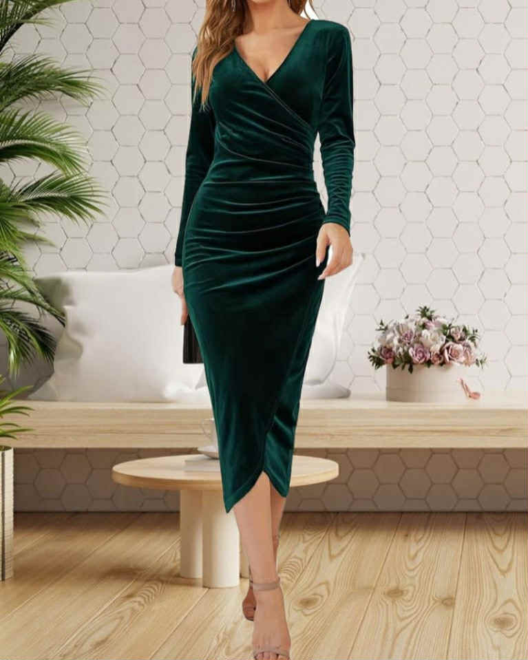 Skinny V-Neck Velvet Dress