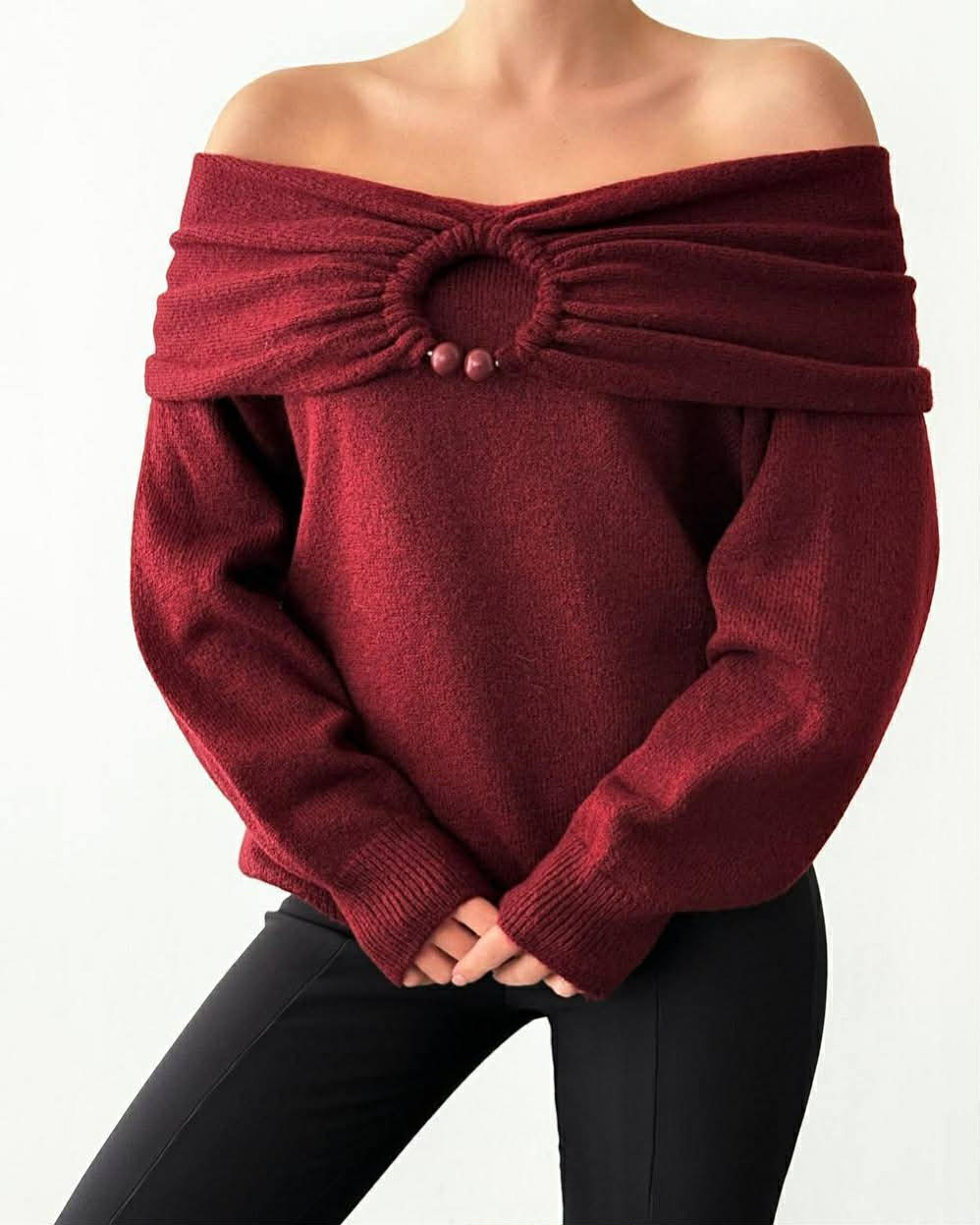 OF Shoulder Wool Blouse With Ring