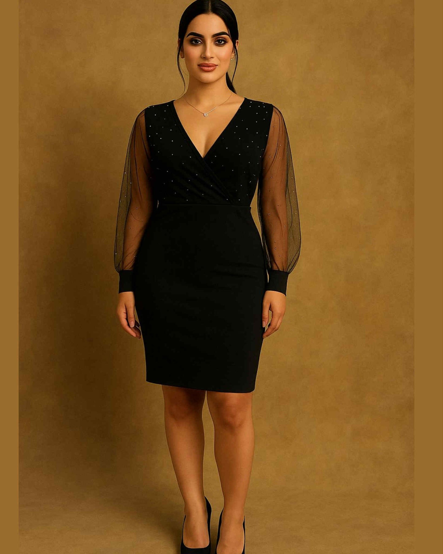 V-Neck Short Dress With Tulle And Rhinestones