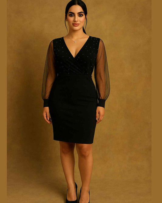 V-Neck Short Dress With Tulle And Rhinestones