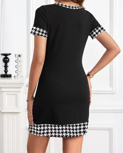 Two Color Short Sleeve Short Dress With Tie