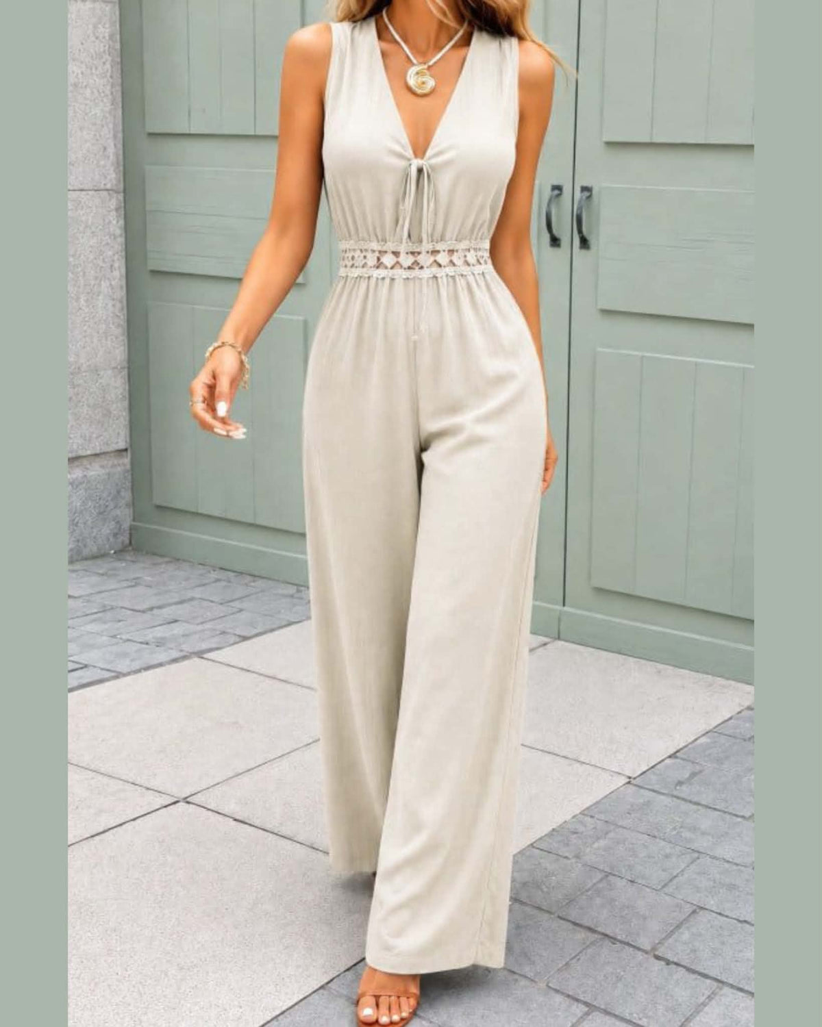 Sleeveless Wide-Leg Jumpsuit With V-neck And Crochet Waist Detail