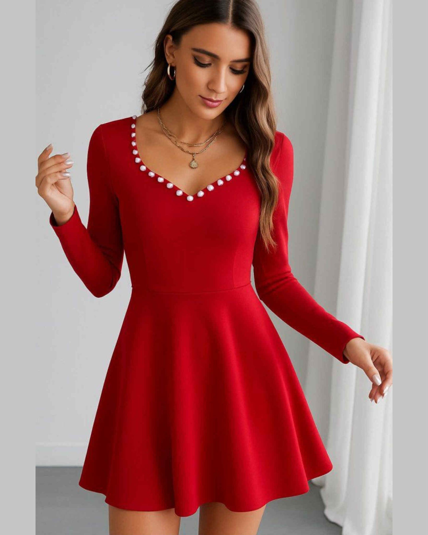 Long Sleeve Short Wide Dress With PEARLS