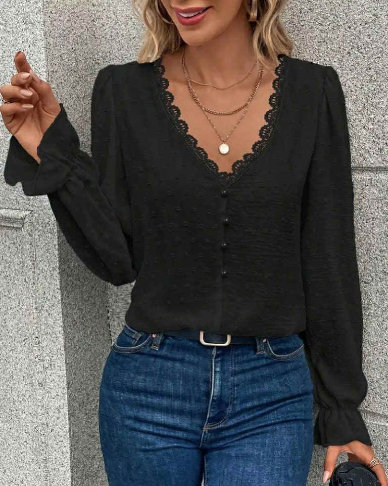 V-Neck Long Sleeve Top With Buttons