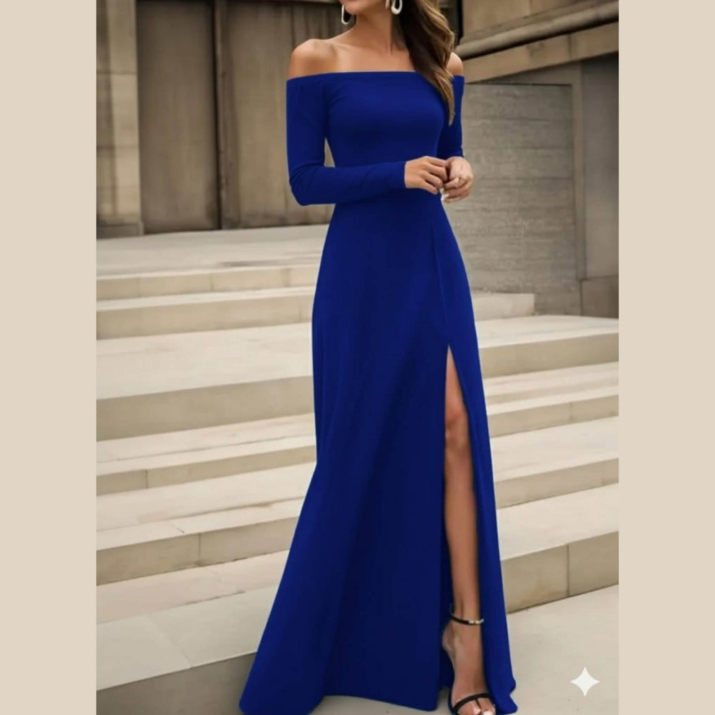 OF Shoulder Long Sleeve Long Dress With Slit