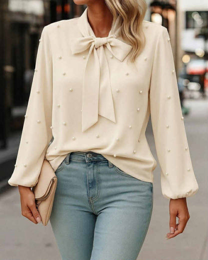 Long Sleeve Shirt With Tie And Pearls