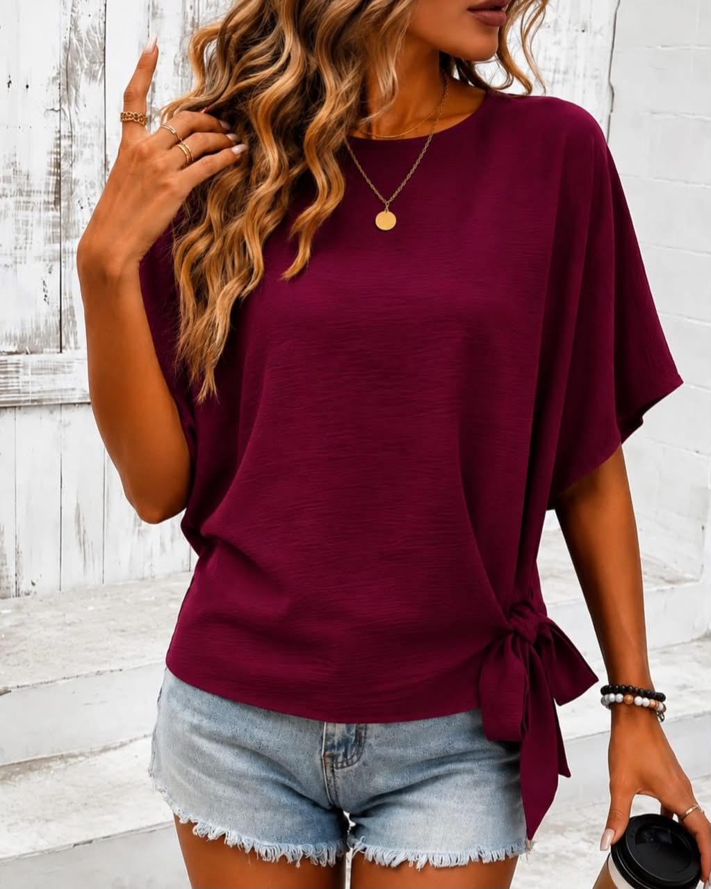 Wide Short Sleeve Wide Top With A Tie