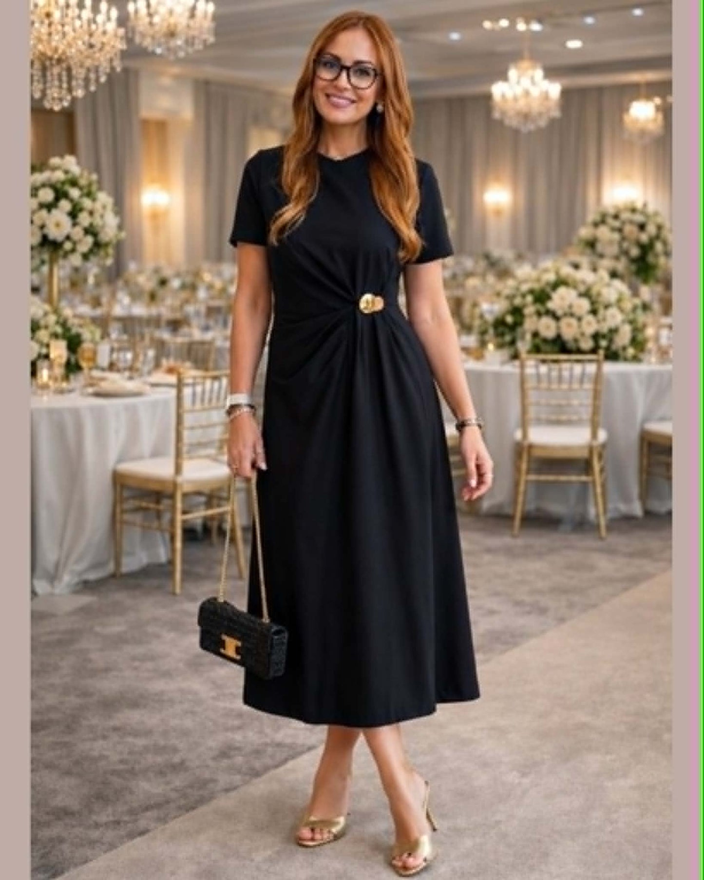 Short Sleeve Long Dress With Golden Button