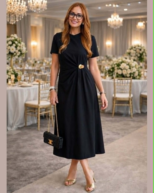 Short Sleeve Long Dress With Golden Button