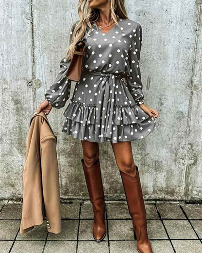 Polka-Dot Wide Short Dress With Belt