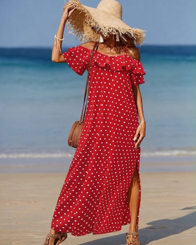 Polka-Dot Long Dress Of Shoulders With Ruffles