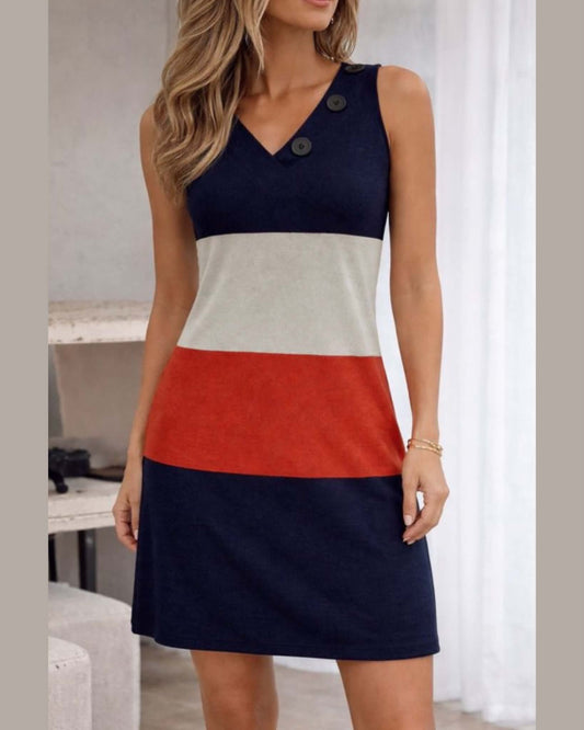 Mercerize Stripped Short Dress With Buttons
