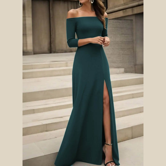 OF Shoulder Long Sleeve Long Dress With Slit