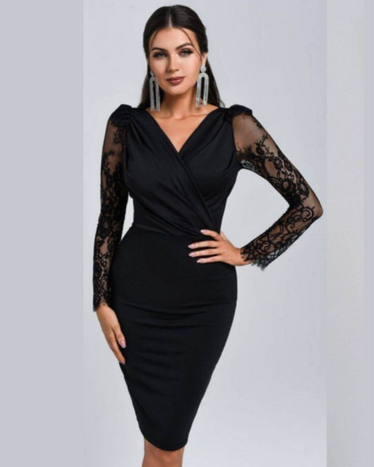 Elegant Dress V-Neck With Laces Long Sleeve