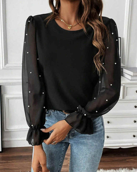 Tulle Long Sleeve Top With Pearls
