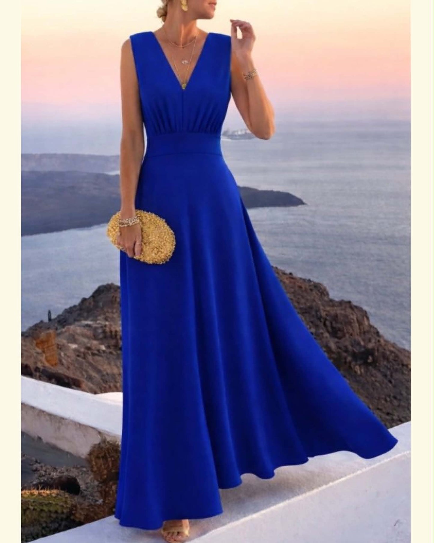 V-Neck Long Cut Wide Dress
