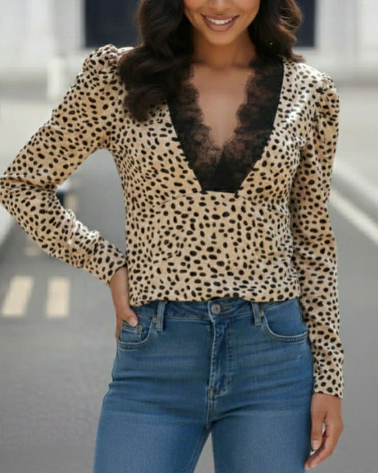 Leopard V-Neck Top With Laces