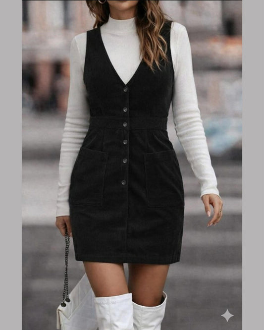 Stripped Velvet Short Dress With Buttons