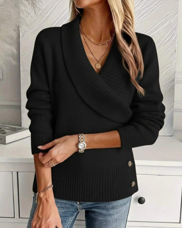 Elegant V-Neck Wool Blouse With Buttons