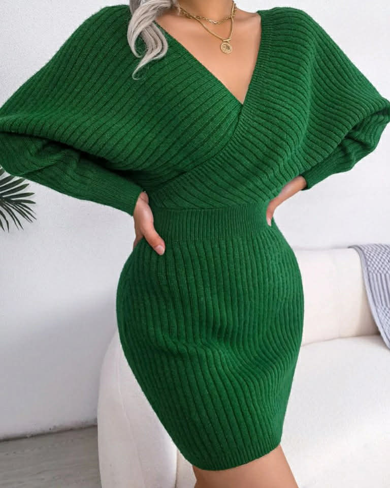 Wool V-Neck One Color Short Dress