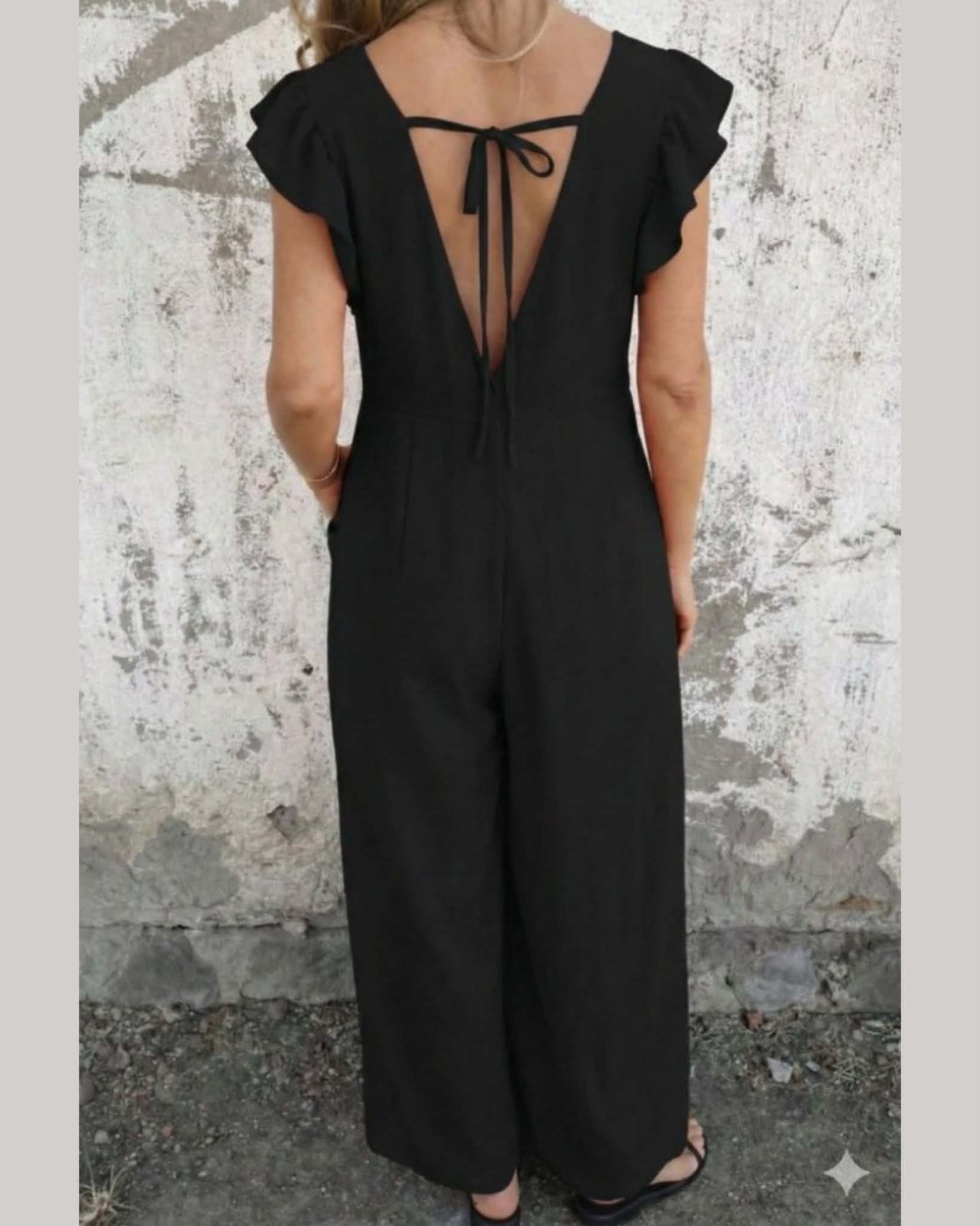 Open Back Overall With Tie And Ruffles On Sleeve