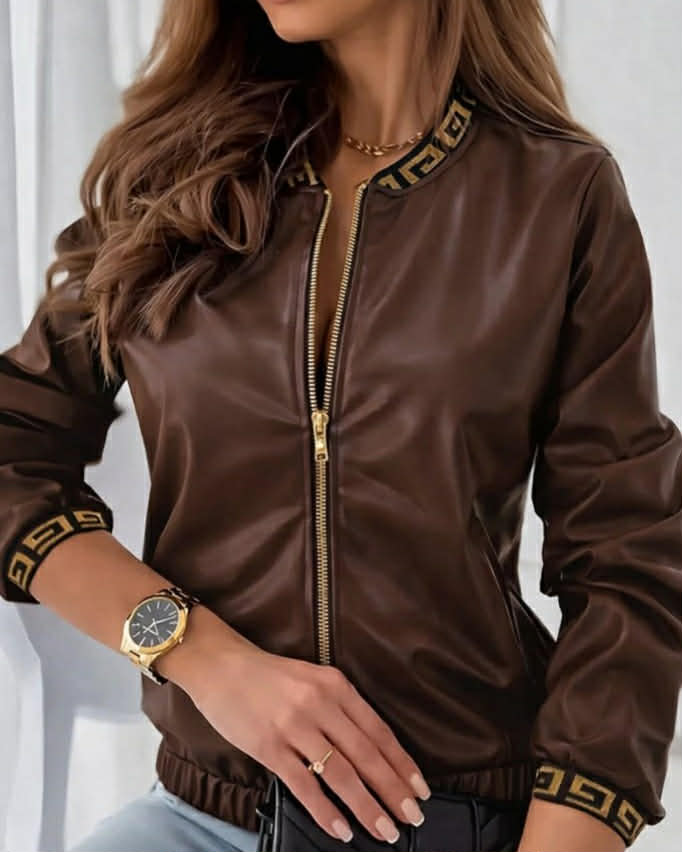 Two Colors Leather Jacket With Golden Zipper