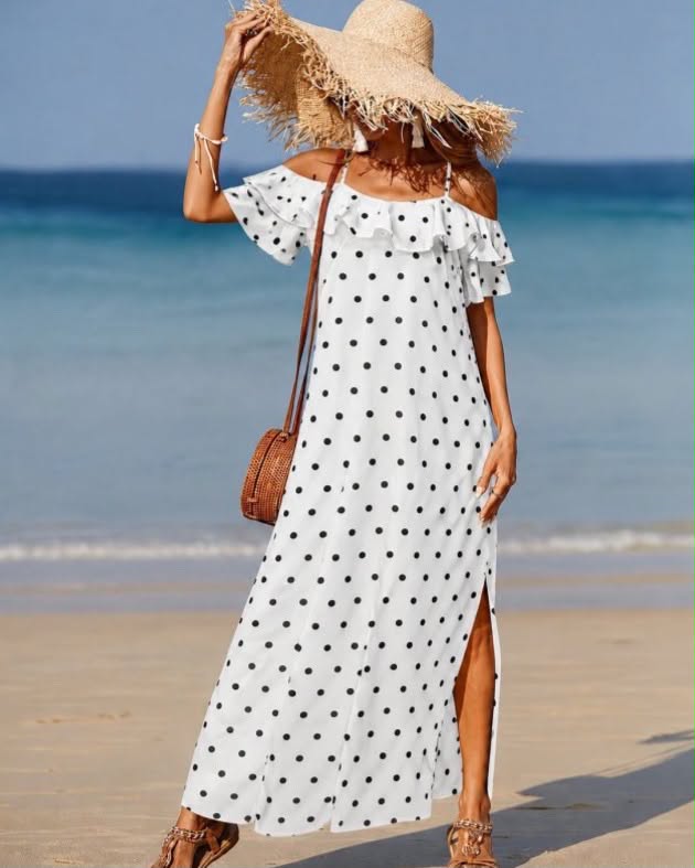 Polka-Dot Long Dress Of Shoulders With Ruffles