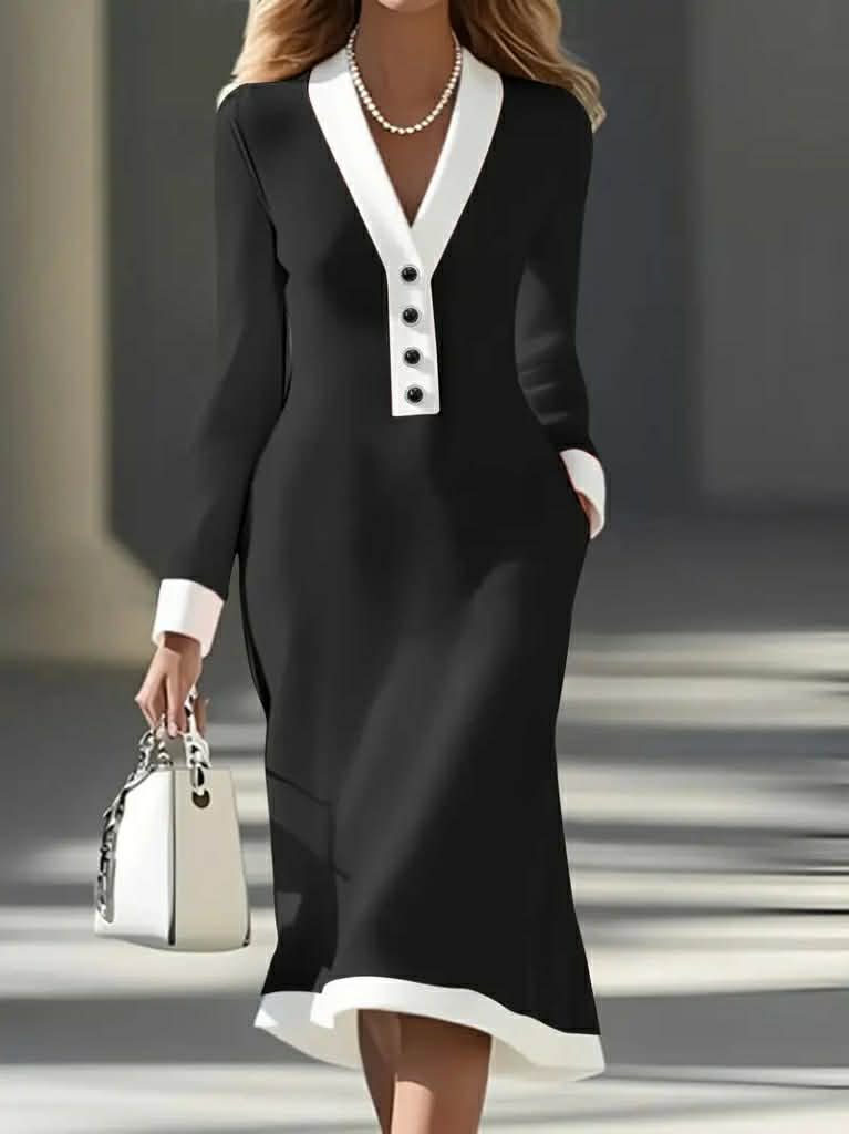 Two Colors V-Neck Long Dress With Buttons