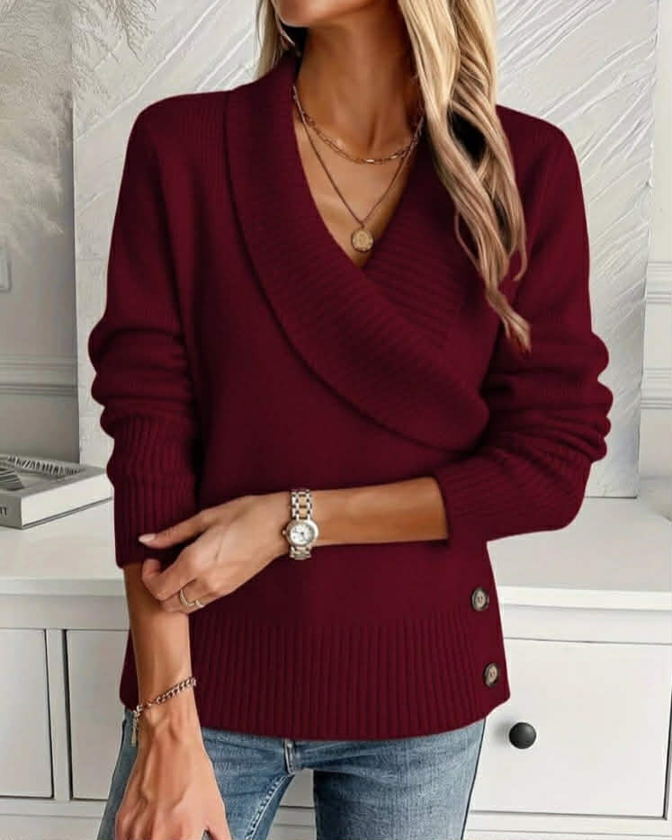 Elegant V-Neck Wool Blouse With Buttons