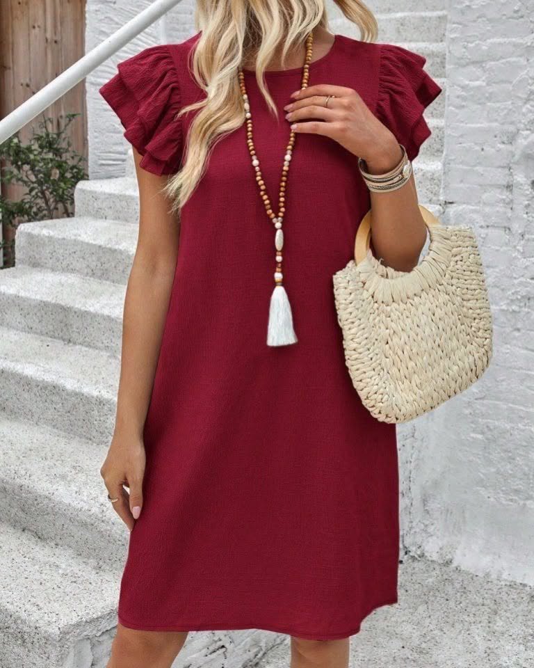 Short Wide Dress With Ruffles On Sleeve