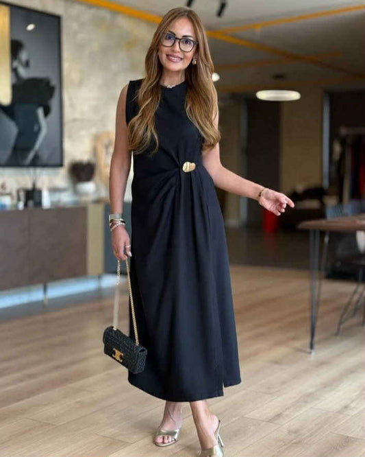 Sleeveless Long Dress With One Golden Button