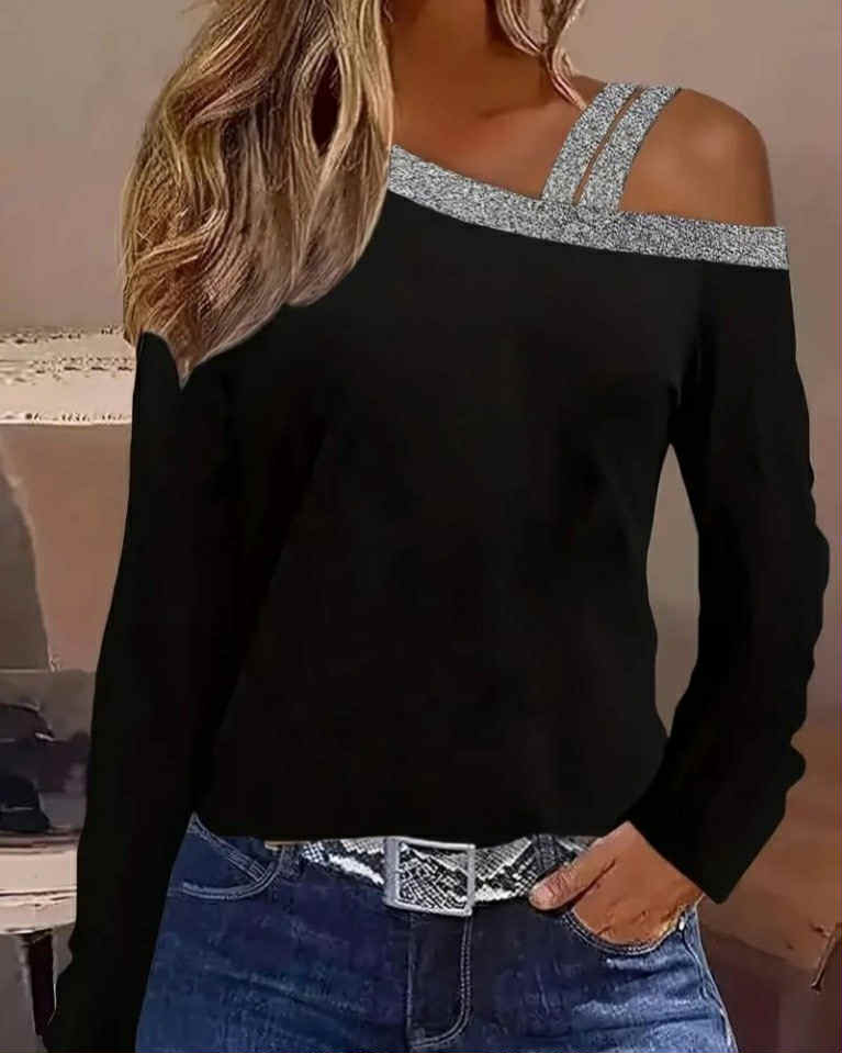 OFF Shoulder Long Sleeve Top With Silver Border
