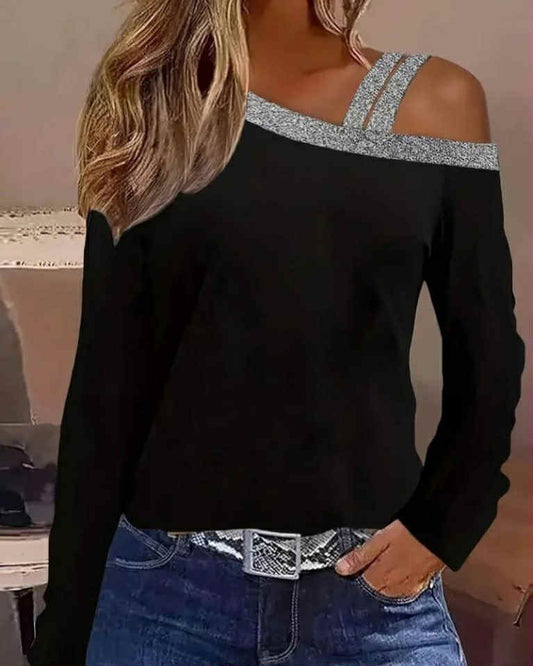 OFF Shoulder Long Sleeve Top With Silver Border