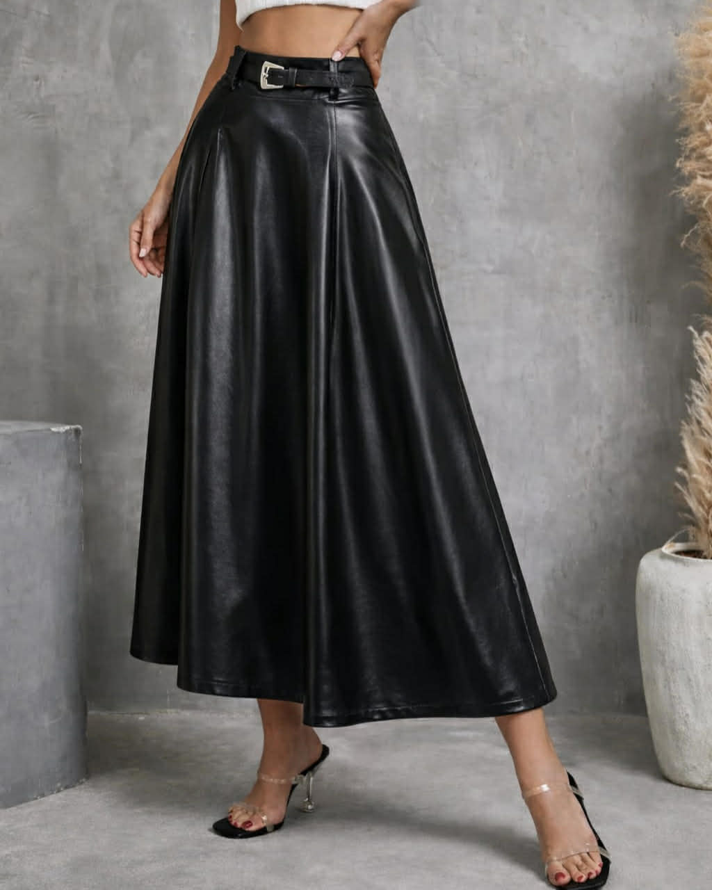 Wide Long Leather Skirt